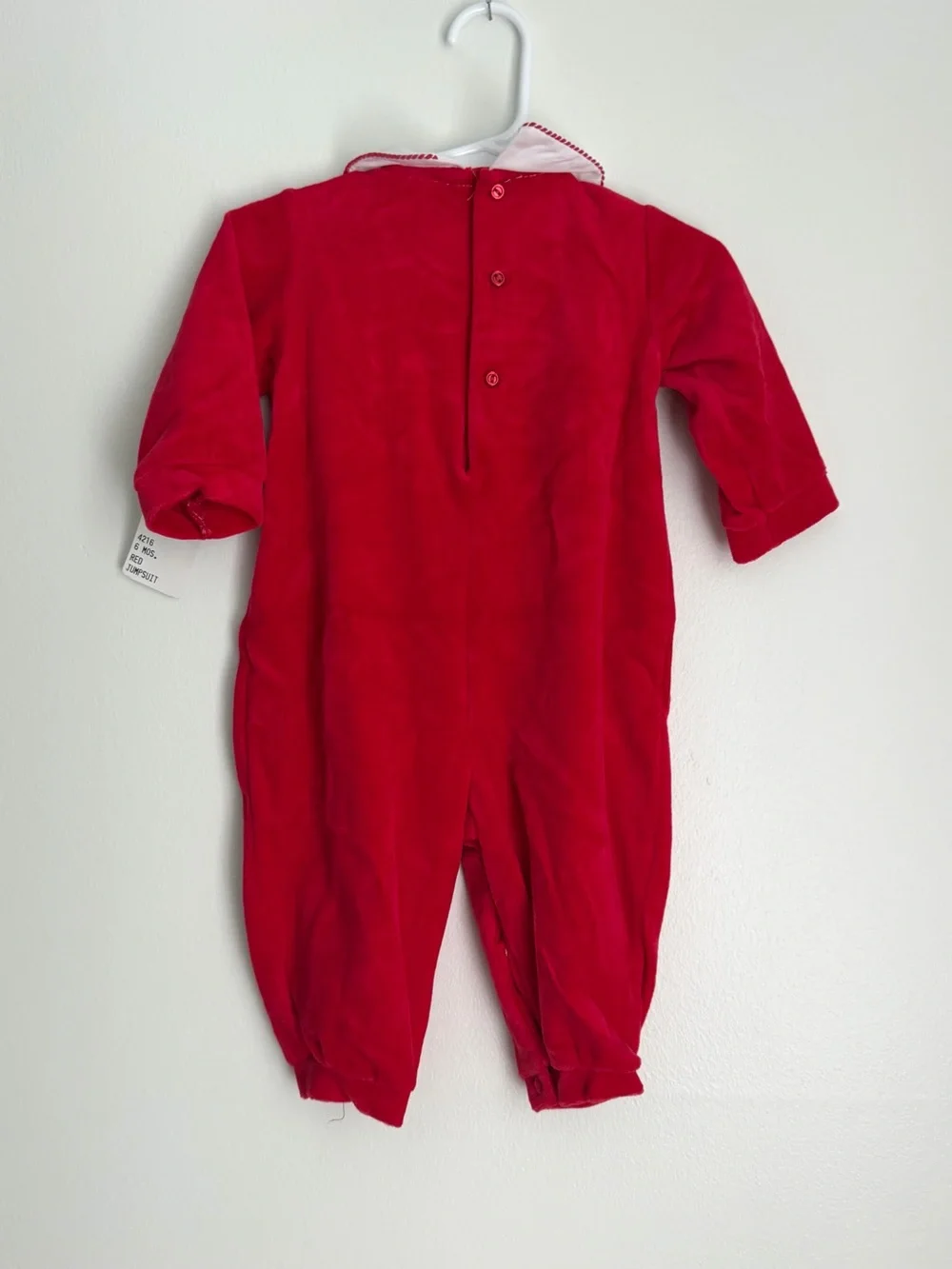 Vintage Kids Infant Red Velour Collared Romper with Embroidered Rocking Horse 6M